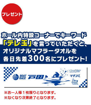 ホール内特設コーナーでキーワード「テレ玉」を言っていただくと、オリジナルマフラータオルを各日先着300名にプレゼント!※お一人様1冊限りとなります。※なくなり次第終了となります。