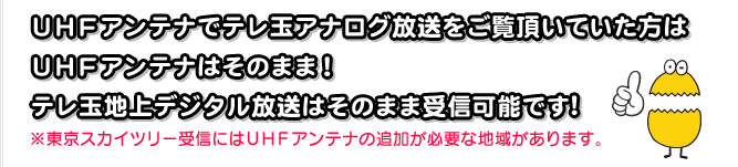 UHFアンテナでテレ玉アナログ放送をご覧頂いていた方は、UHFアンテナはそのまま!テレ玉地上デジタル放送はそのまま受信可能です。東京スカイツリー受信にはUHFアンテナの追加が必要な地域があります。