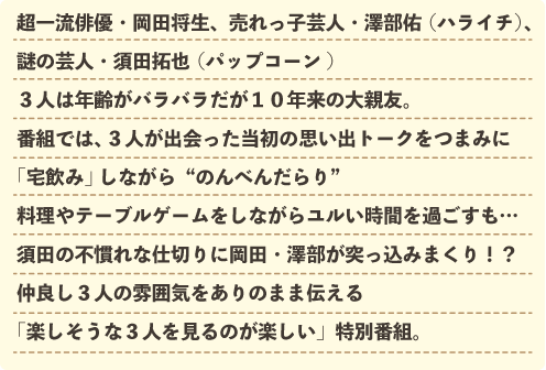 超一流俳優・岡田将生、売れっ子芸人・澤部佑（ハライチ）、謎の芸人・須田拓也（パップコーン) ３人は年齢がバラバラだが１０年来の大親友。番組では、３人が出会った当初の思い出トークをつまみに「宅飲み」しながら“のんべんだらり” 料理やテーブルゲームをしながらユルい時間を過ごすも…須田の不慣れな仕切りに岡田・澤部が突っ込みまくり！？仲良し３人の雰囲気をありのまま伝える「楽しそうな３人を見るのが楽しい」特別番組。